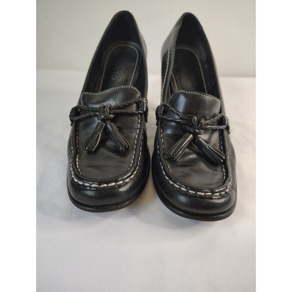 Franco Sarto Black Leather Tassel Loafer Heels Womens 7M Dress Shoes Classic - Picture 3 of 9